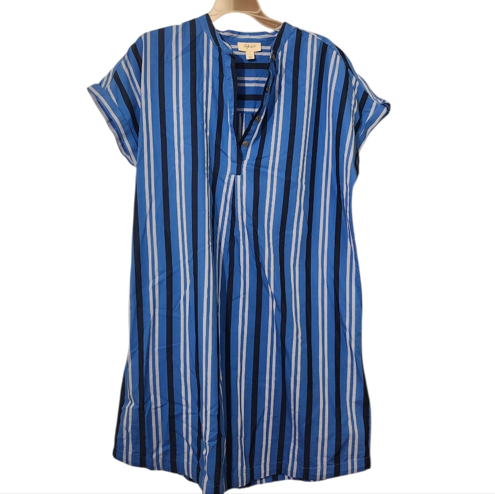 Style & Co  Women's Blue and White Striped Midi Dress - L Lounge Resort Vacation
